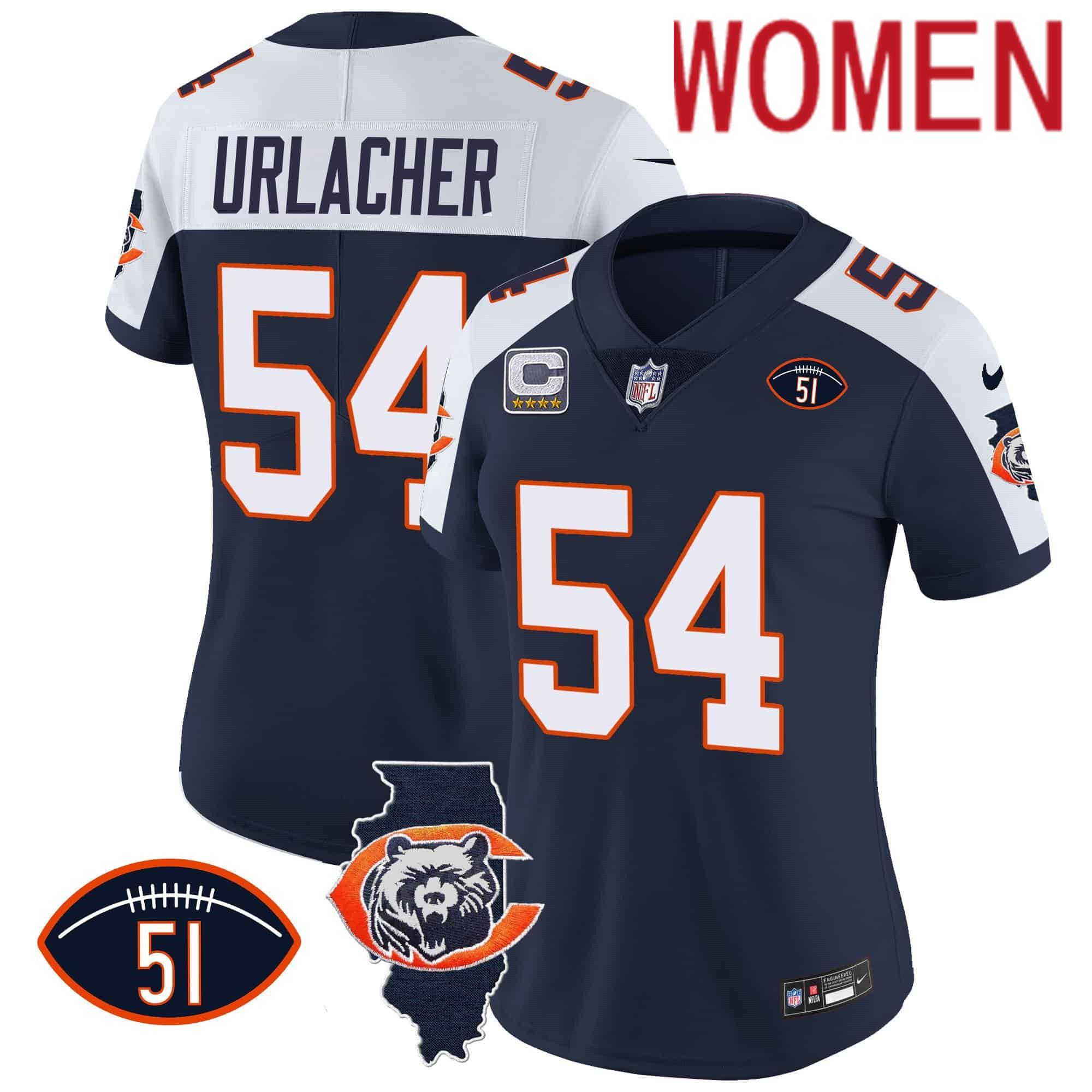 Women Chicago Bears #54 Urlacher Blue 2024 Nike Throwback Illinois Patch Vapor NFL Jersey->women nfl jersey->Women Jersey